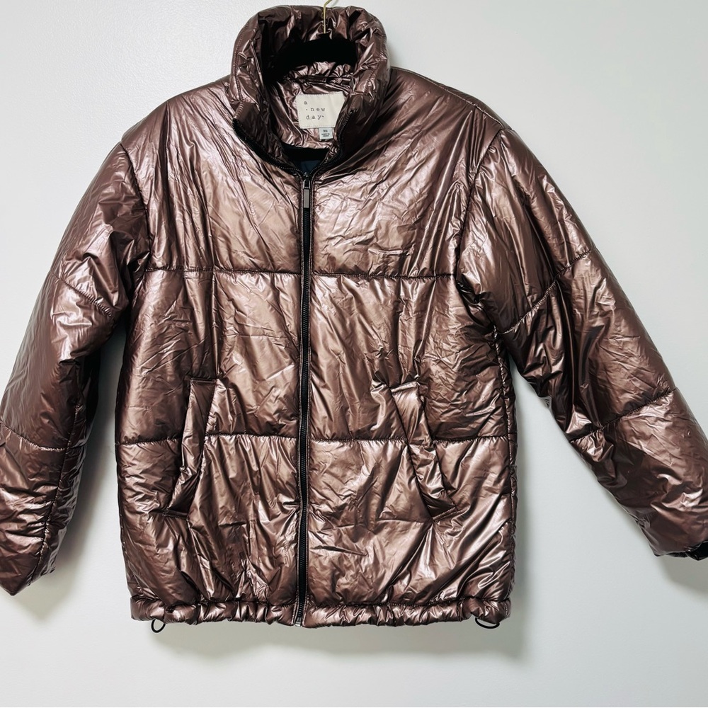 A New Day Puffer Coat Women Extra Small Rose Gold Metallic Water Resistant Shiny